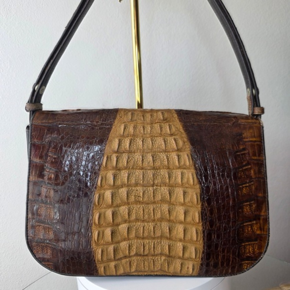 Vintage‎ Two Tone Brown Hornback Crocodile Skin Shoulder Bag Handbag - Picture 2 of 16